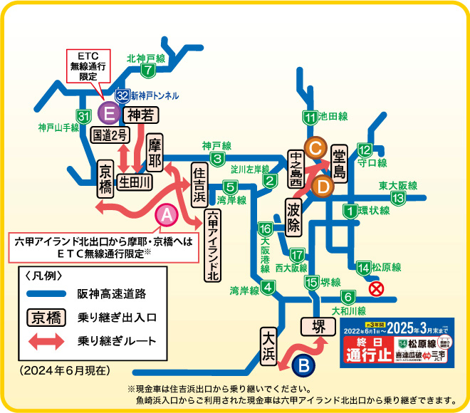 阪神高速道路の乗り継ぎルート