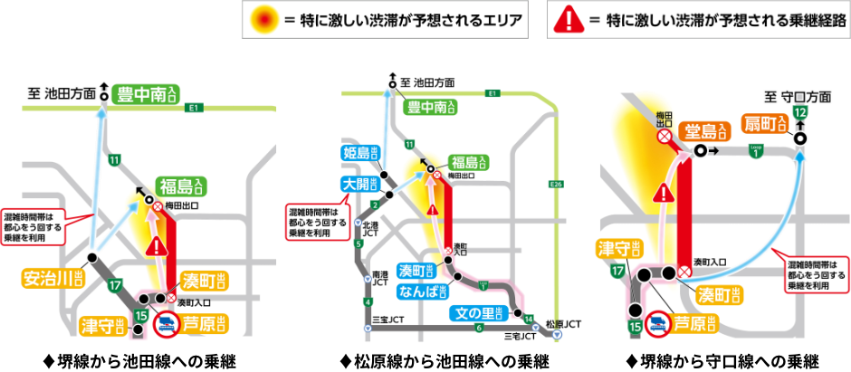 渋滞エリアや福島入口・堂島入口をさけるルートをご検討ください。