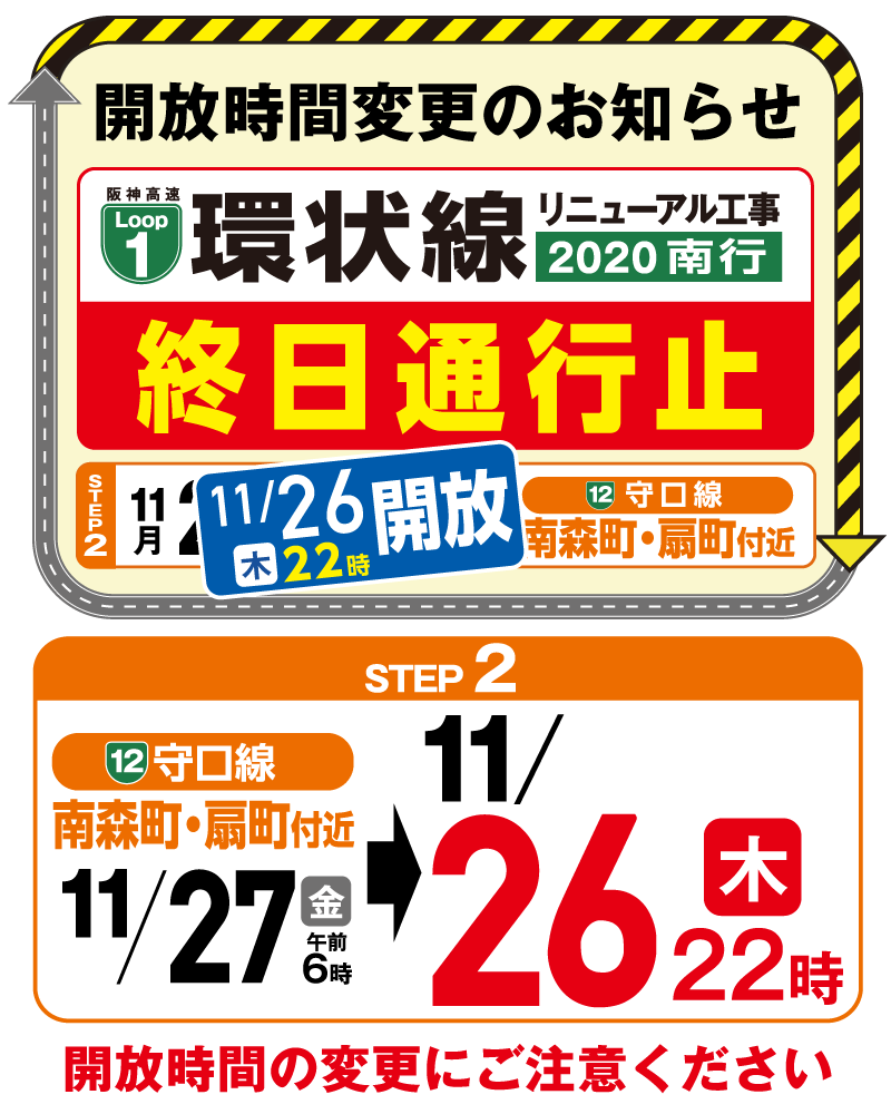 阪神高速 環状線リニューアル工事 2020南行 終日通行止 解放時間変更のお知らせ 11月26日木曜日 22時 解放時間の変更にご注意ください